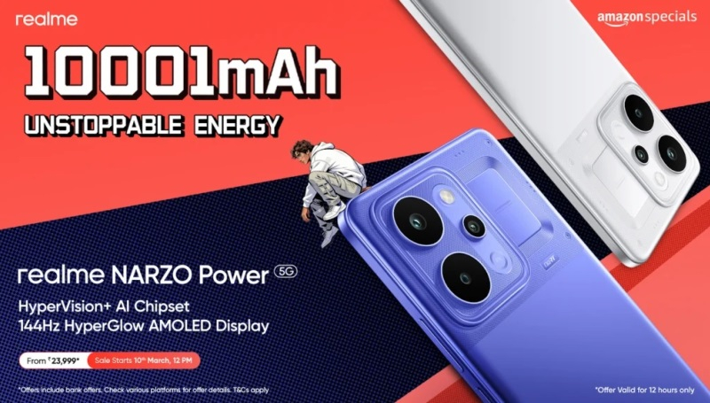 Realme ha lanciato il Narzo Power 5G, dotato di una batteria da 10 001 mAh e un prezzo di 305 dollari.
